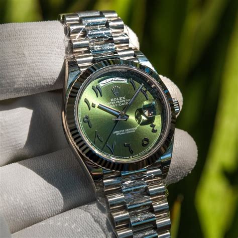 rolex day date blue arabic dial|Rolex olive green day date.